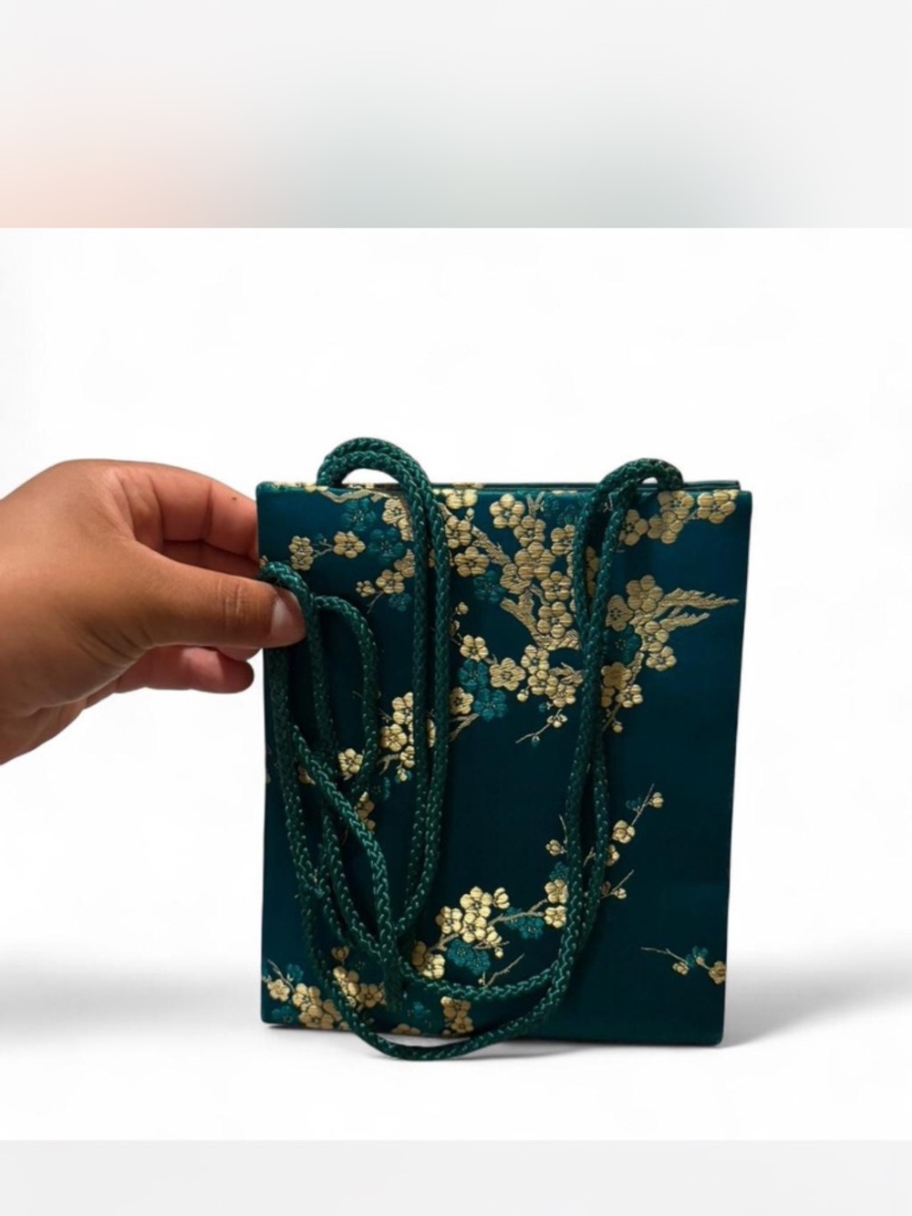 Amanda Smith Teal Satin Crossbody with Gold Floral Embroidery